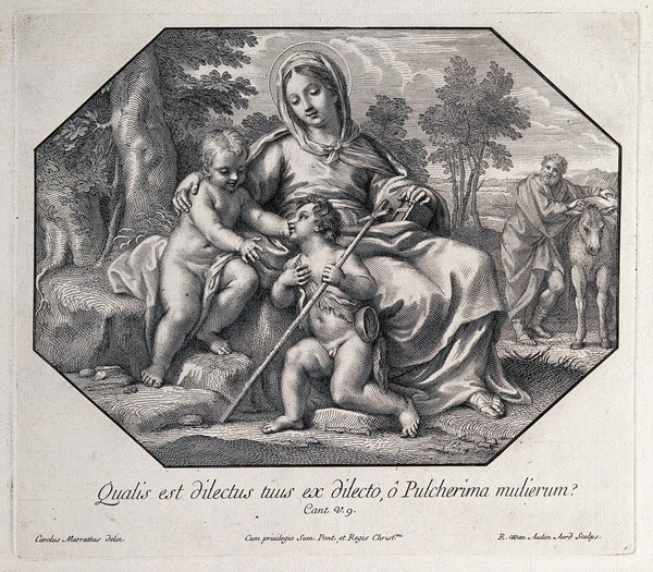 Saint Mary (the Blessed Virgin) and Saint Joseph with the Christ Child and Saint John the Baptist. Engraving by R. van Audenaerd after C. Maratta.