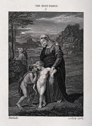 view Saint Mary (the Blessed Virgin) and Saint Joseph with the Christ Child and Saint John the Baptist. Engraving after Raphael.