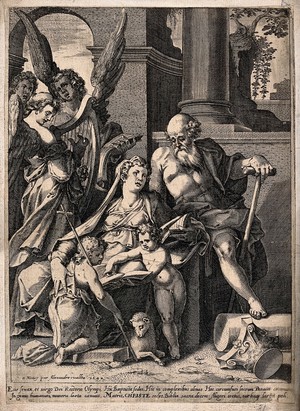 view Saint Mary (the Blessed Virgin) and Saint Joseph with the Christ Child and Saint John the Baptist. Engraving by A. Vallée, 1592.