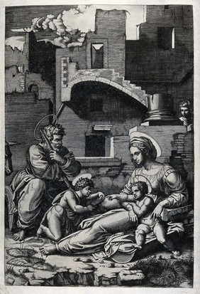 Saint Mary (the Blessed Virgin) and Saint Joseph with the Christ Child and Saint John the Baptist. Engraving.