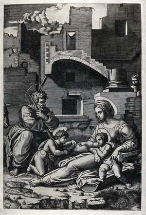 view Saint Mary (the Blessed Virgin) and Saint Joseph with the Christ Child and Saint John the Baptist. Engraving.