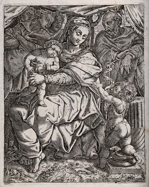 view Saint Mary (the Blessed Virgin) and Saint Joseph with the Christ Child, Saint John the Baptist and angels. Engraving, 1582.