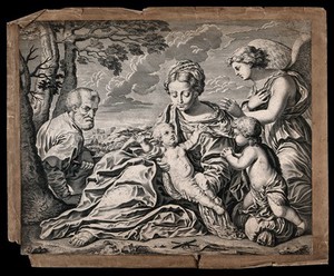 view Saint Mary (the Blessed Virgin) and Saint Joseph with the Christ Child, Saint John the Baptist and an angel. Engraving by J. Boulanger after S. Cantarini.