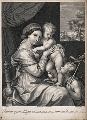 Saint Mary (the Blessed Virgin) with the Christ Child and Saint John the Baptist. Engraving by J. Boulanger after P. Mignard.
