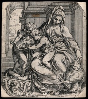 Saint Mary (the Blessed Virgin) with the Christ Child and Saint John the Baptist. Etching by Orazio Farinati after P. Farinati.