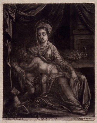 Saint Mary (the Blessed Virgin) with the Christ Child and Saint John the Baptist. Mezzotint after J. Rottenhammer.