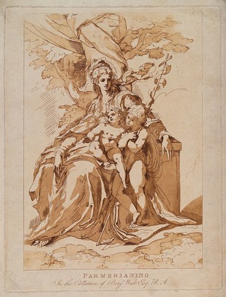 Saint Mary (the Blessed Virgin) with the Christ Child and Saint John the Baptist. Colour etching by C.M. Metz after G.F.M. Mazzola, il Parmigianino.