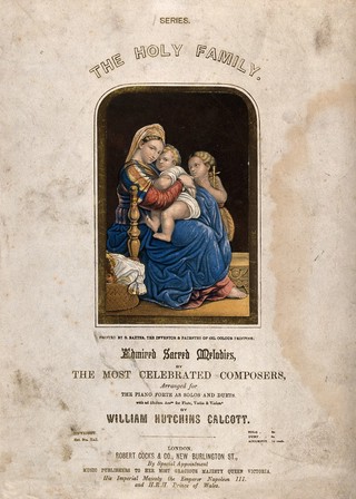 Saint Mary (the Blessed Virgin) with the Christ Child and Saint John the Baptist. Letterpress and colour mixed media print by G. Baxter after Raphael.