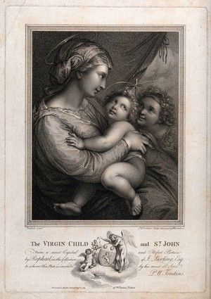 view Saint Mary (the Blessed Virgin) with the Christ Child and Saint John the Baptist. Stipple engraving by P.W. Tomkins, 1789, after Raphael.