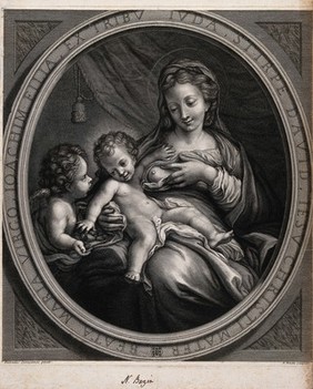 Saint Mary (the Blessed Virgin) with the Christ Child and Saint John the Baptist. Line engraving by N. Bazin after A. Allegri, il Correggio.