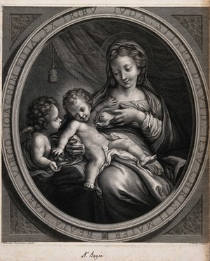 view Saint Mary (the Blessed Virgin) with the Christ Child and Saint John the Baptist. Line engraving by N. Bazin after A. Allegri, il Correggio.