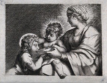 Saint Mary (the Blessed Virgin) with the Christ Child and Saint John the Baptist. Engraving after Annibale Carracci.
