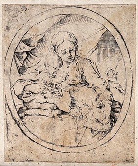 Saint Mary (the Blessed Virgin) with the Christ Child and Saint John the Baptist. Etching by G. Reni.