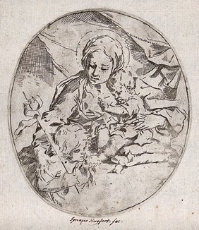 Saint Mary (the Blessed Virgin) with the Christ Child and Saint John the Baptist. Etching by I.E. Hugford.