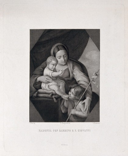 Saint Mary (the Blessed Virgin) with the Christ Child and Saint John the Baptist. Engraving by L. Errani after G. Sanguinetti after G. Reni.