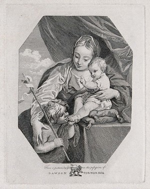 view Saint Mary (the Blessed Virgin) with the Christ Child and Saint John the Baptist. Etching after G. Reni.