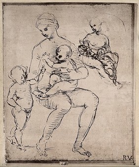 Saint Mary (the Blessed Virgin) with the Christ Child and Saint John the Baptist. Reproduction of pen and ink drawing by Raphael.