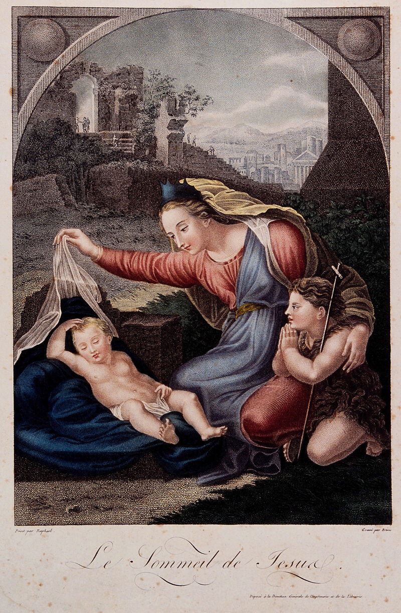 Saint Mary (the Blessed Virgin) with the Christ Child and Saint John the Baptist. Colour stipple engraving by L. Brion de la Tour the younger after G.F. Penni., 1812, by Gianfrancesco Penni