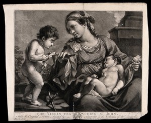 view Saint Mary (the Blessed Virgin) with the Christ Child and Saint John the Baptist. Mezzotint with etching by J.H. Mortimer after G.F. Barbieri, il Guercino.