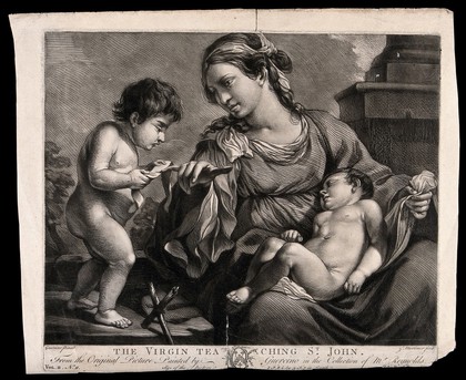 Saint Mary (the Blessed Virgin) with the Christ Child and Saint John the Baptist. Mezzotint with etching by J.H. Mortimer after G.F. Barbieri, il Guercino.