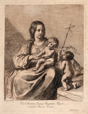 Saint Mary (the Blessed Virgin) with the Christ Child and Saint John the Baptist. Etching by F. Bartolozzi after G.F. Barbieri, il Guercino.