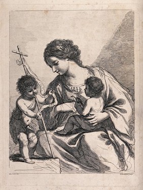 Saint Mary (the Blessed Virgin) with the Christ Child and Saint John the Baptist. Etching by F. Bartolozzi after G.F. Barbieri, il Guercino.