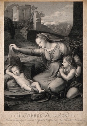 Saint Mary (the Blessed Virgin) with the Christ Child and Saint John the Baptist. Engraving by A.G.L. Desnoyers after G.F. Penni.