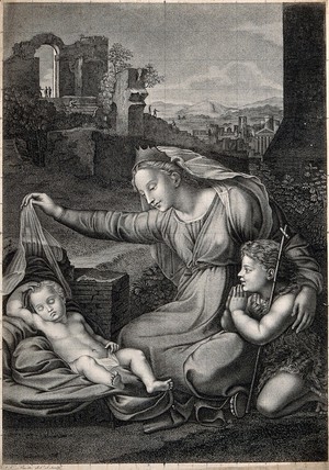 view Saint Mary (the Blessed Virgin) with the Christ Child and Saint John the Baptist. Engraving by L.C. Ruotte after G.F. Penni.