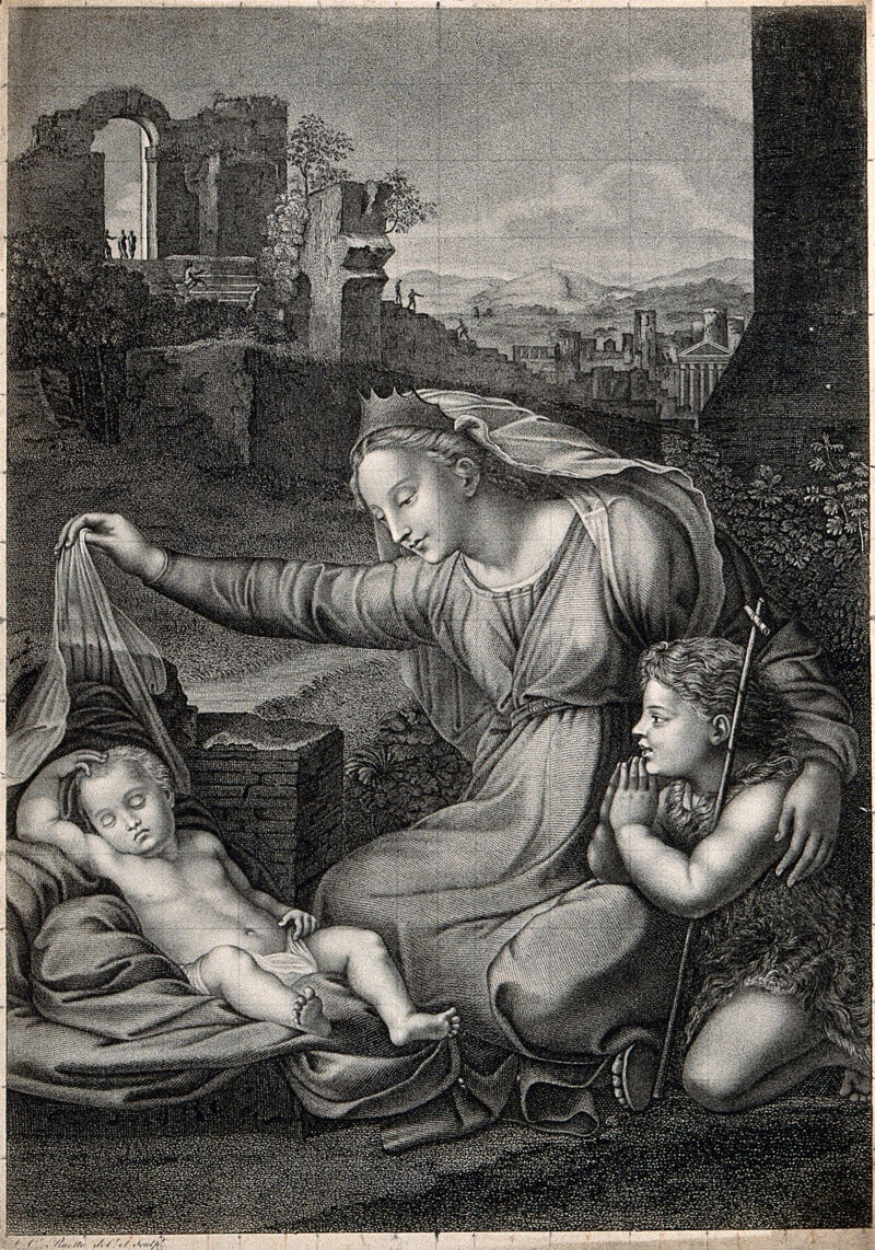 Saint Mary (the Blessed Virgin) with the Christ Child and Saint John the Baptist. Engraving by L.C. Ruotte after G.F. Penni., by Gianfrancesco Penni