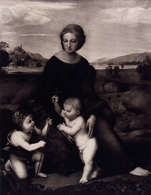 view Saint Mary (the Blessed Virgin) with the Christ Child and Saint John the Baptist. Photogravure after Raphael.