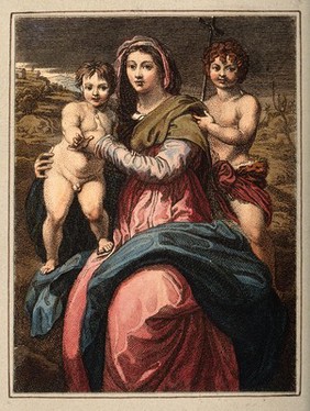 Saint Mary (the Blessed Virgin) with the Christ Child and Saint John the Baptist. Coloured etching after Andrea del Sarto.