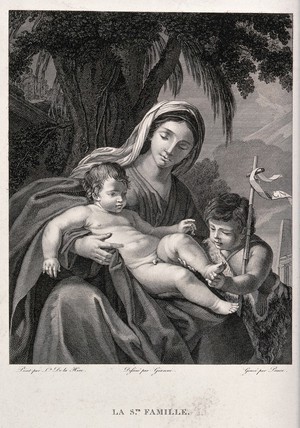 view Saint Mary (the Blessed Virgin) with the Christ Child and Saint John the Baptist. Engraving by N. Ponce after F.Giani after L. de la Hyre.