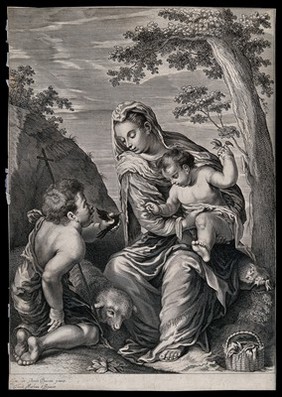 Saint Mary (the Blessed Virgin) with the Christ Child and Saint John the Baptist. Engraving by T. Matham after J. Bassano [Giacomo da Ponte].