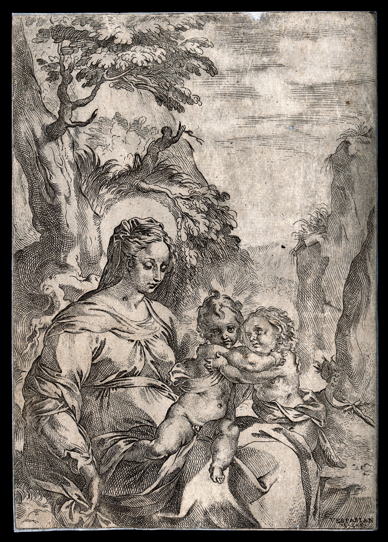 Saint Mary (the Blessed Virgin) with the Christ Child and Saint John the Baptist. Etching by V. Strada., 1600-1699, by Vespasiano Strada