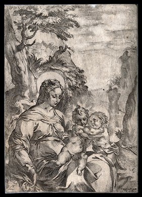 Saint Mary (the Blessed Virgin) with the Christ Child and Saint John the Baptist. Etching by V. Strada.