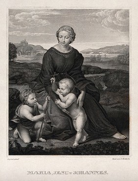Saint Mary (the Blessed Virgin) with the Christ Child and Saint John the Baptist. Engraving by C. Kötterba after Raphael.
