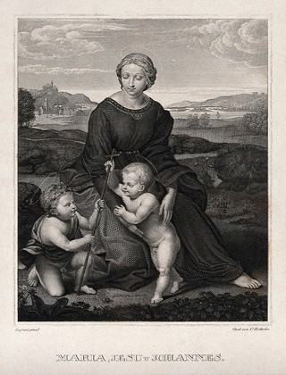 Saint Mary (the Blessed Virgin) with the Christ Child and Saint John the Baptist. Engraving by C. Kötterba after Raphael.