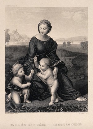 view Saint Mary (the Blessed Virgin) with the Christ Child and Saint John the Baptist. Engraving by W. French after Raphael.