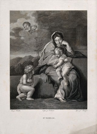 Saint Mary (the Blessed Virgin) with the Christ Child, Saint John the Baptist and an angel. Engraving by J.J. Avril after Duchemin after S. Bourdon.