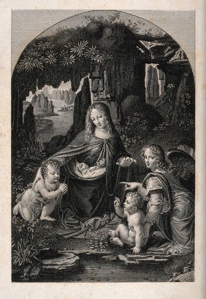 view Saint Mary (the Blessed Virgin) with the Christ Child, Saint John the Baptist and an angel. Engraving after Leonardo da Vinci.