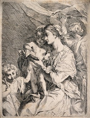 view Saint Mary (the Blessed Virgin) with the Christ Child, Saint John the Baptist and an angel. Etching by or after C. Maratta.