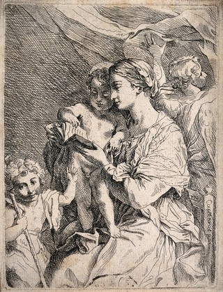 Saint Mary (the Blessed Virgin) with the Christ Child, Saint John the Baptist and an angel. Etching by or after C. Maratta.