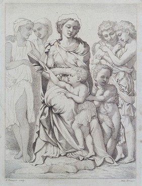 Saint Mary (the Blessed Virgin) with the Christ Child, Saint John the Baptist and angels. Etching by A. François after Michelangelo.