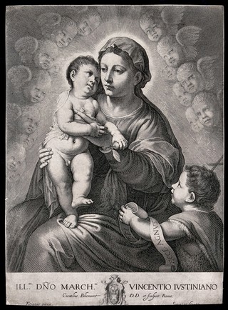 Saint Mary (the Blessed Virgin) with the Christ Child, Saint John the Baptist and angels. Engraving by C. Bloemaert after Titian.