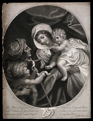 view Saint Mary (the Blessed Virgin) with the Christ Child, Saint John the Baptist and Saint Elizabeth. Engraving by J.K. Sherwin, 1790, after N.P. Loir.