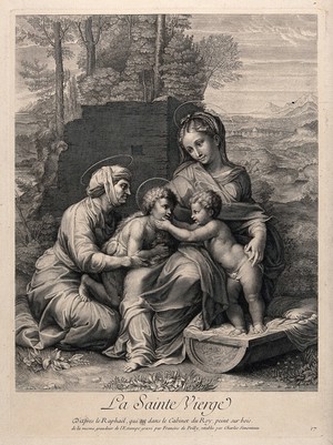 view Saint Mary (the Blessed Virgin) with the Christ Child, Saint John the Baptist and Saint Elizabeth. Engraving by F. de Poilly and C. Simonneau after Raphael.