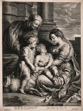 Saint Mary (the Blessed Virgin) with the Christ Child, Saint John the Baptist and Saint Elizabeth (or Saint Anne). Engraving by S.A. Bolswert after Sir P.P. Rubens.