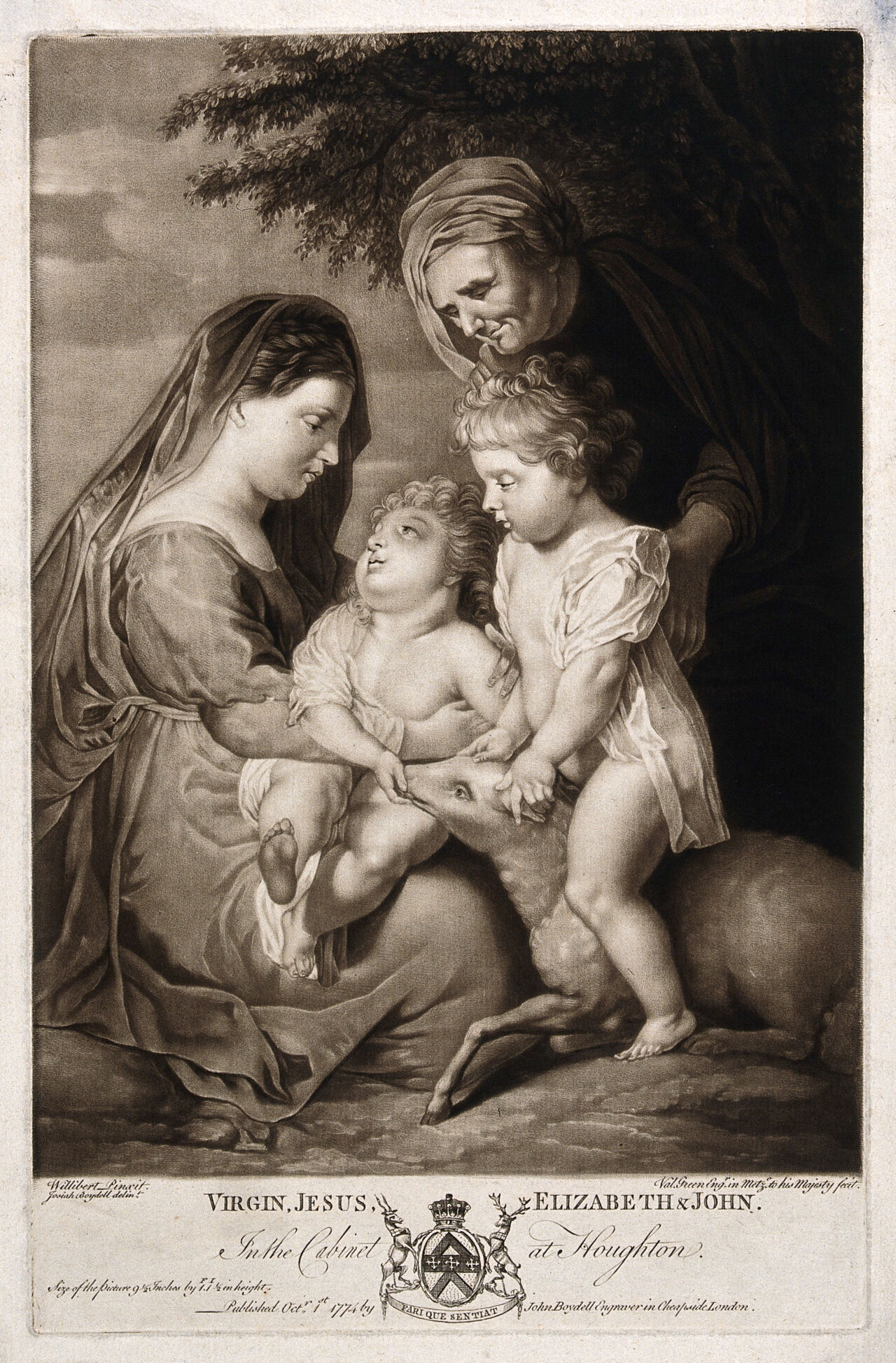 Saint Mary (the Blessed Virgin) with the Christ Child, Saint John the Baptist and Saint Elisabeth. Mezzotint by V. Green, 1774, after Josiah Boydell after T. Willeboirts., Oct.r 1st 1774, by Thomas Willeboirts Bosschaert
