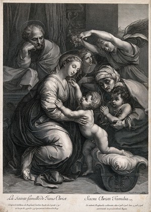 view Saint Mary (the Blessed Virgin) and Saint Joseph with the Christ Child, Saint John the Baptist and Saint Elizabeth. Engraving by J. Frey after G. Edelinck after Raphael.