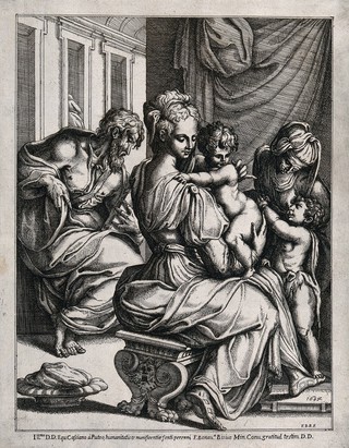 Saint Mary (the Blessed Virgin) and Saint Joseph with the Christ Child, Saint John the Baptist and Saint Elizabeth. Engraving by Fra Bonaventura Bisi, 1634, after G. Osella after G. Vasari.